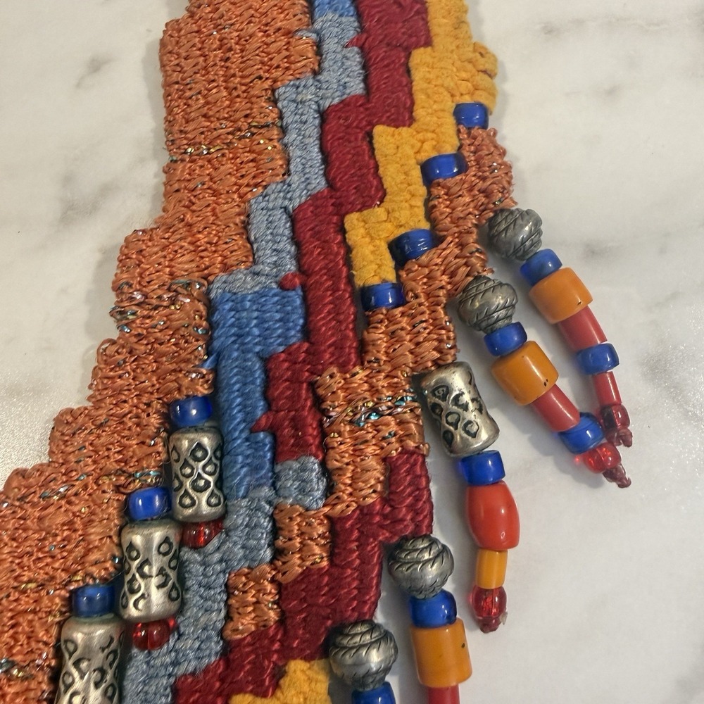 Artisan Woven Tapestry Fabric Beaded Ethnic Bib Necklace Helen Banes Style - Picture 5 of 10